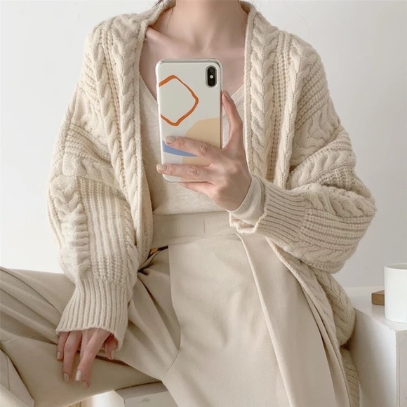 Twist cardigan sweater cable knit cream beige womens knit long sleeve - Picture 10 of 11